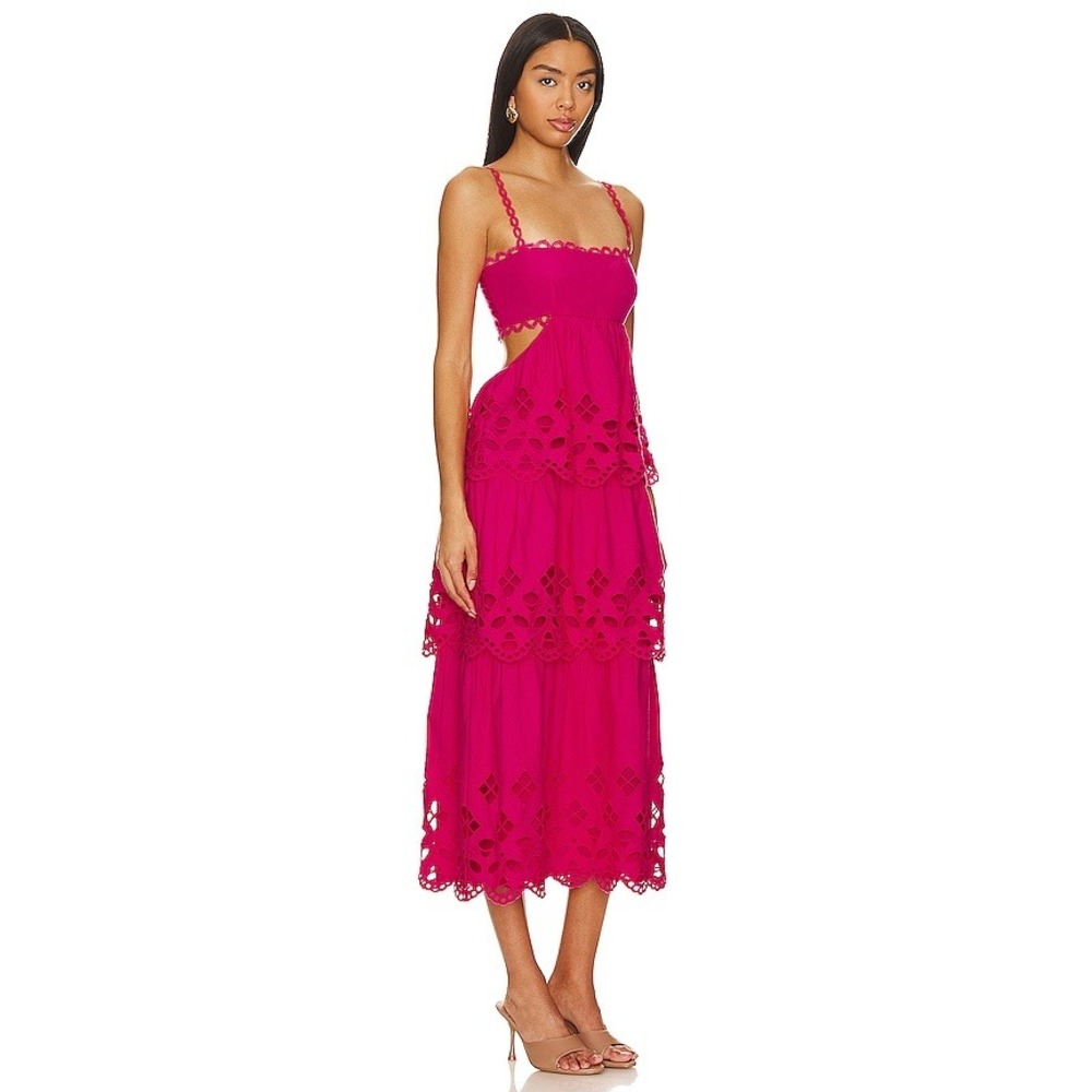 Saylor Eyelet Midi Dress Women XS Barbiecore Hot Pink Tiered Cutout Crochet